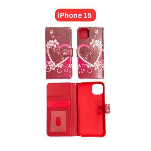 iPhone 15 Wallet Printed Case Tower, Butterfly, Heart, Larger Butterfly, Loving Heart, Flower, Purple Flower (Copy) (Copy)