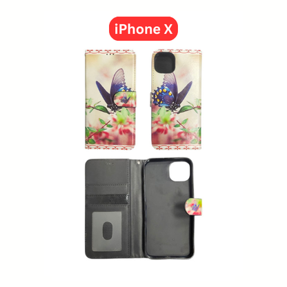 iPhone X Wallet Printed Case Tower, Butterfly, Heart, Larger Butterfly, Loving Heart, Flower, Purple Flower (Copy)