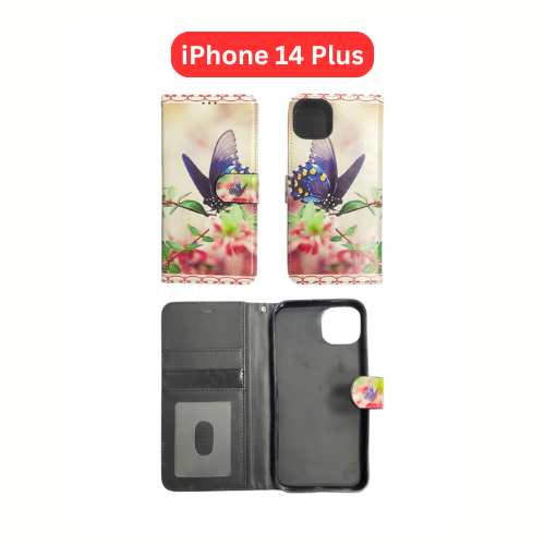 iPhone 14 Plus Wallet Printed Case Tower, Butterfly, Heart, Larger Butterfly, Loving Heart, Flower, Purple Flower
