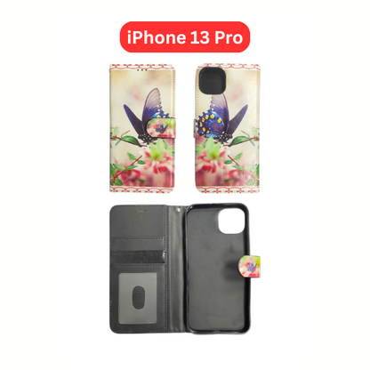 iPhone 13 Pro Wallet Printed Case Tower, Butterfly, Heart, Larger Butterfly, Loving Heart, Flower, Purple Flower