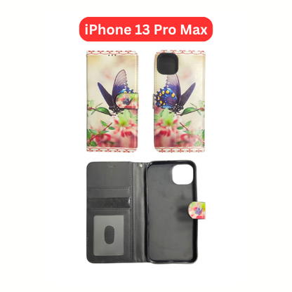 iPhone 13 Pro Max Wallet Printed Case Tower, Butterfly, Heart, Larger Butterfly, Loving Heart, Flower, Purple Flower