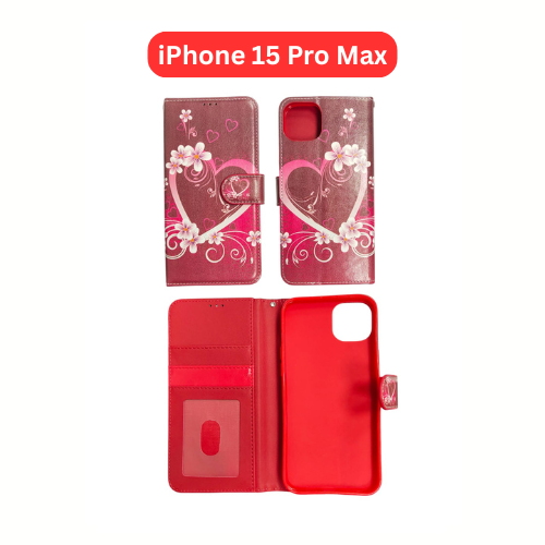 iPhone 15 Pro Max Wallet Printed Case Tower, Butterfly, Heart, Larger Butterfly, Loving Heart, Flower, Purple Flower