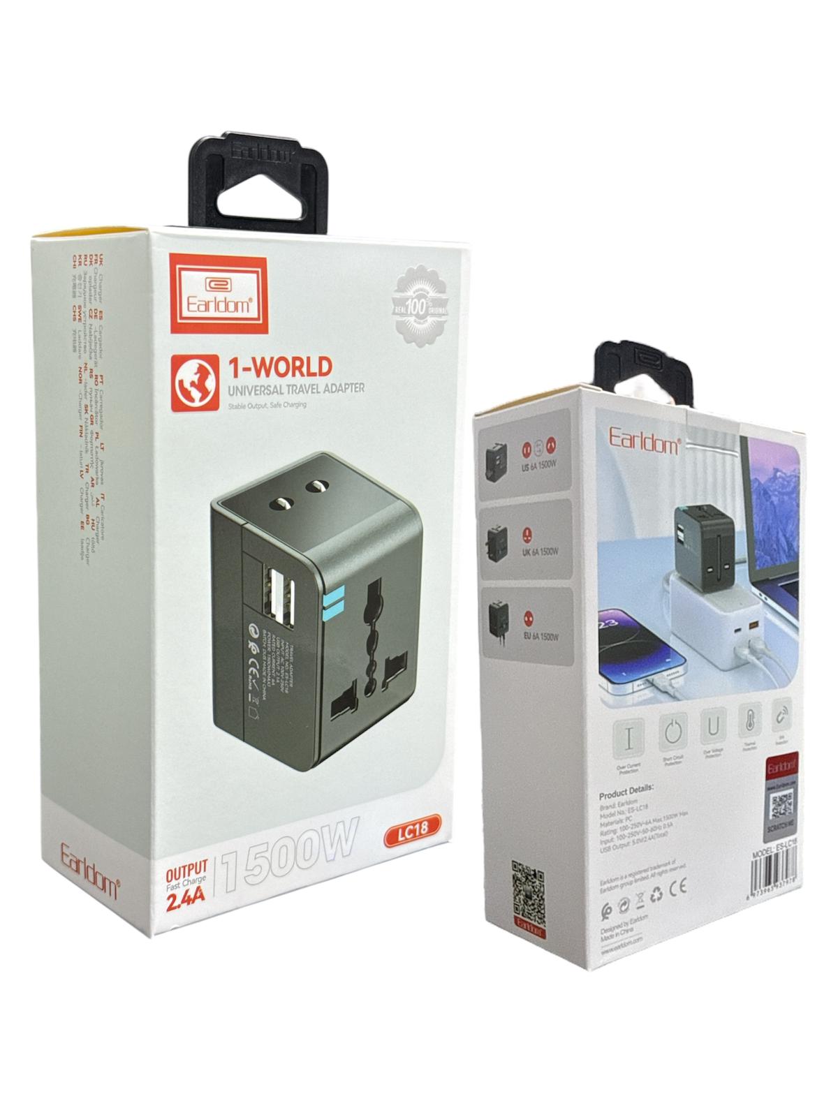 Earldom LC18 Universal Travel Adapter | 1500W | USB Fast Charger