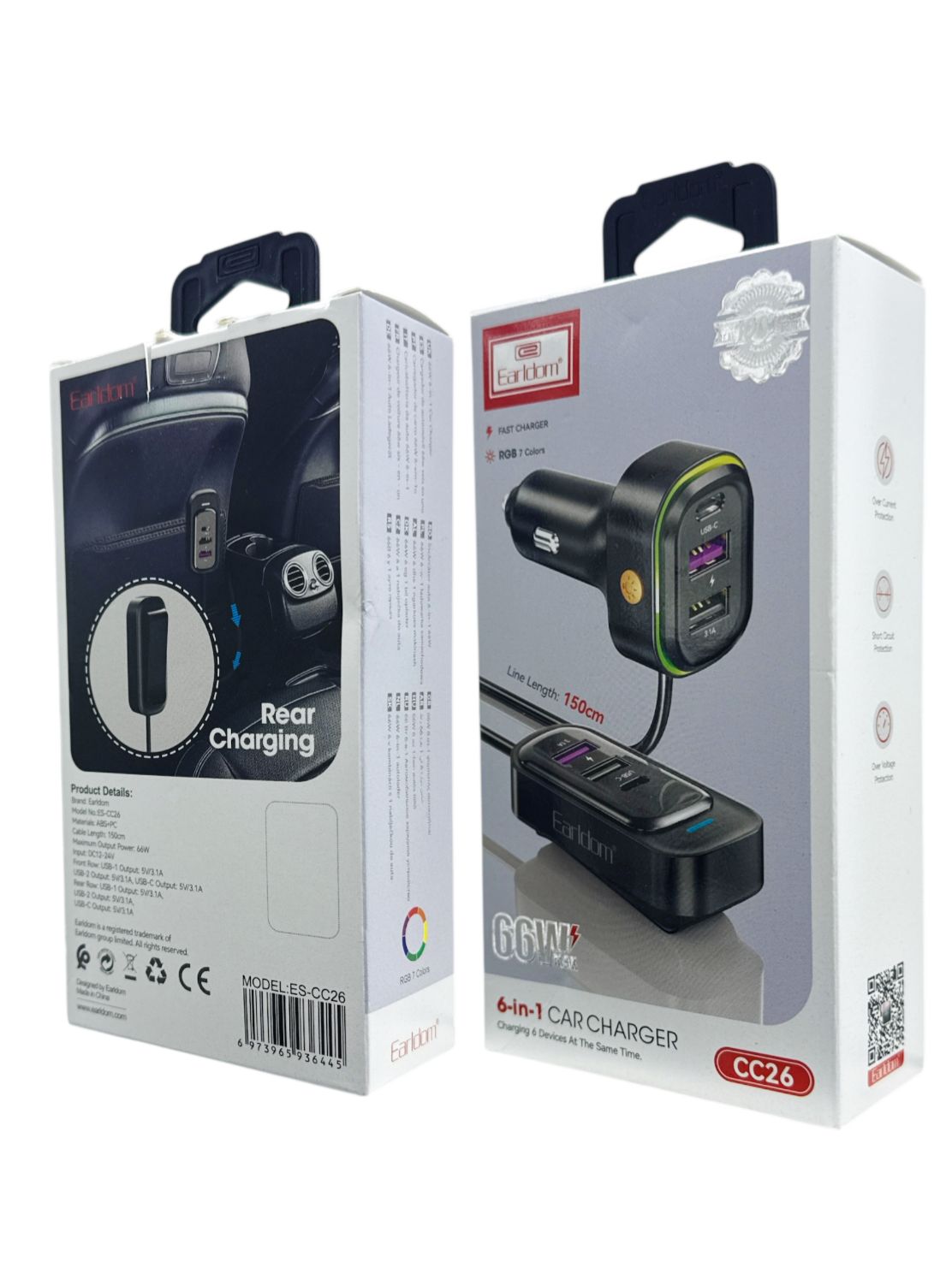 Earldom 66W 6-in-1 Fast Car Charger | Dual USB-A + USB-C | 12–24V