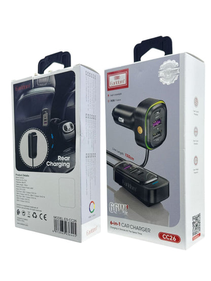 Earldom 66W 6-in-1 Fast Car Charger | Dual USB-A + USB-C | 12–24V
