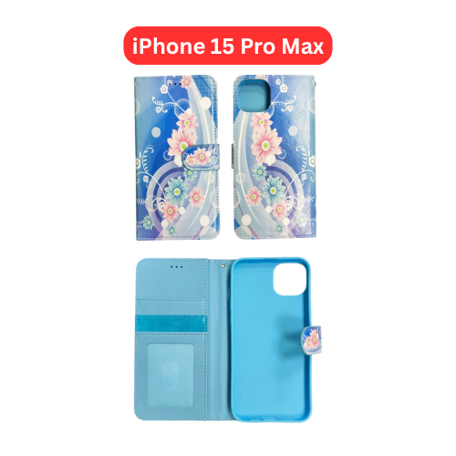 iPhone 15 Pro Max Wallet Printed Case Tower, Butterfly, Heart, Larger Butterfly, Loving Heart, Flower, Purple Flower