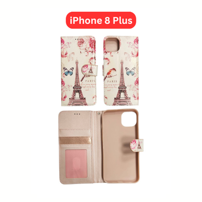 iPhone 8 Plus Wallet Printed Case Tower, Butterfly, Heart, Larger Butterfly, Loving Heart, Flower, Purple Flower