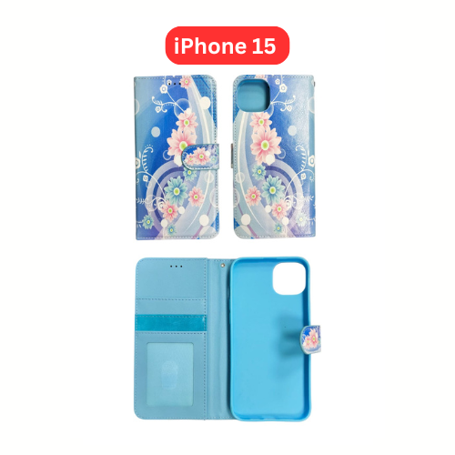 iPhone 15 Wallet Printed Case Tower, Butterfly, Heart, Larger Butterfly, Loving Heart, Flower, Purple Flower (Copy) (Copy)