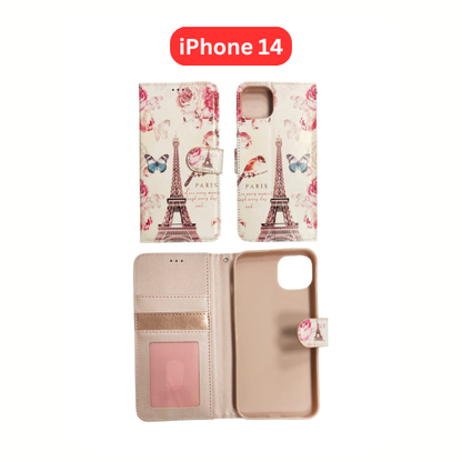 iPhone 14 Wallet Printed Case Tower, Butterfly, Heart, Larger Butterfly, Loving Heart, Flower, Purple Flower (Copy) (Copy) (Copy)