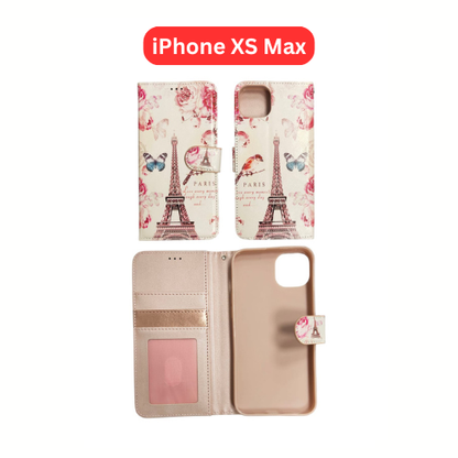 iPhone XS Max Wallet Printed Case Tower, Butterfly, Heart, Larger Butterfly, Loving Heart, Flower, Purple Flower