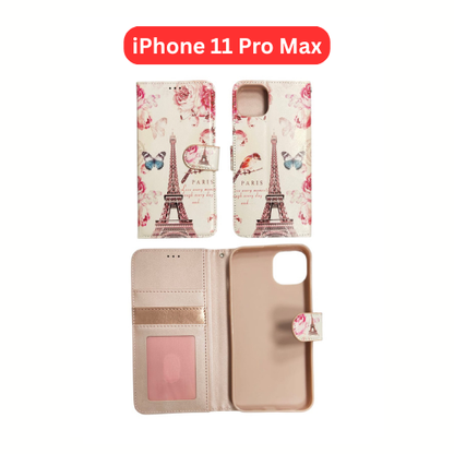 iPhone 11 Pro Max Wallet Printed Case Tower, Butterfly, Heart, Larger Butterfly, Loving Heart, Flower, Purple Flower