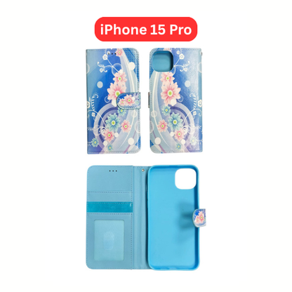 iPhone 15 Pro Wallet Printed Case Tower, Butterfly, Heart, Larger Butterfly, Loving Heart, Flower, Purple Flower (Copy)