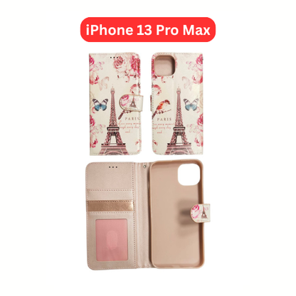 iPhone 13 Pro Max Wallet Printed Case Tower, Butterfly, Heart, Larger Butterfly, Loving Heart, Flower, Purple Flower