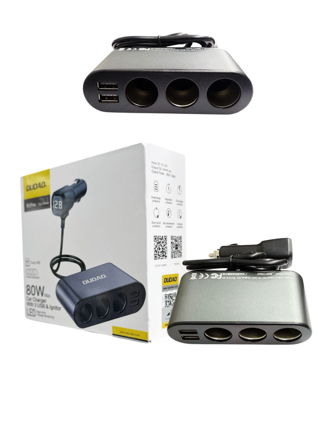 DUDAO R1Pro Car Charger 80W | Dual USB + 3 Cigarette Lighter Ports | 12–24V