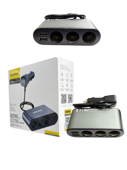 DUDAO R1Pro Car Charger 80W | Dual USB + 3 Cigarette Lighter Ports | 12–24V