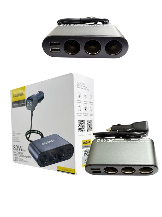 DUDAO R1Pro Car Charger 80W | Dual USB + 3 Cigarette Lighter Ports | 12–24V