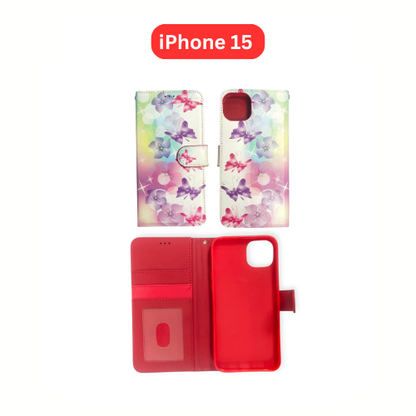 iPhone 15 Wallet Printed Case Tower, Butterfly, Heart, Larger Butterfly, Loving Heart, Flower, Purple Flower (Copy) (Copy)