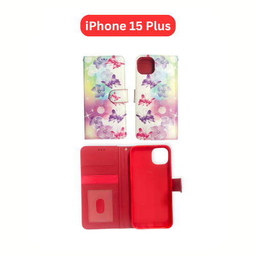 iPhone 15 Plus Wallet Printed Case Tower, Butterfly, Heart, Larger Butterfly, Loving Heart, Flower, Purple Flower