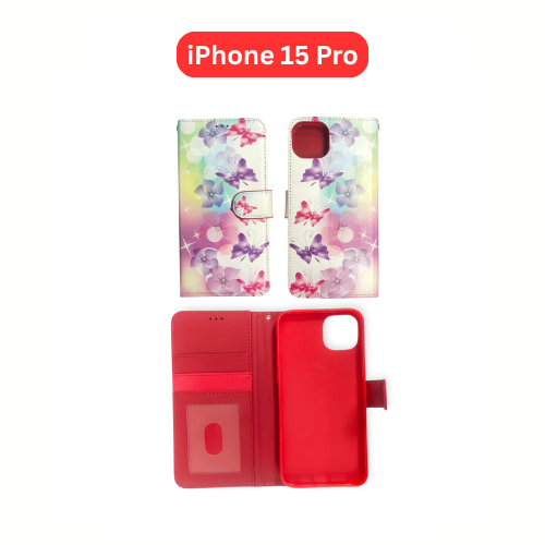 iPhone 15 Pro Wallet Printed Case Tower, Butterfly, Heart, Larger Butterfly, Loving Heart, Flower, Purple Flower (Copy)