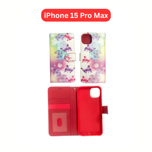 iPhone 15 Pro Max Wallet Printed Case Tower, Butterfly, Heart, Larger Butterfly, Loving Heart, Flower, Purple Flower