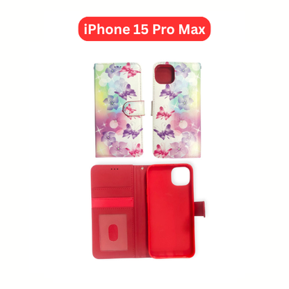iPhone 15 Pro Max Wallet Printed Case Tower, Butterfly, Heart, Larger Butterfly, Loving Heart, Flower, Purple Flower