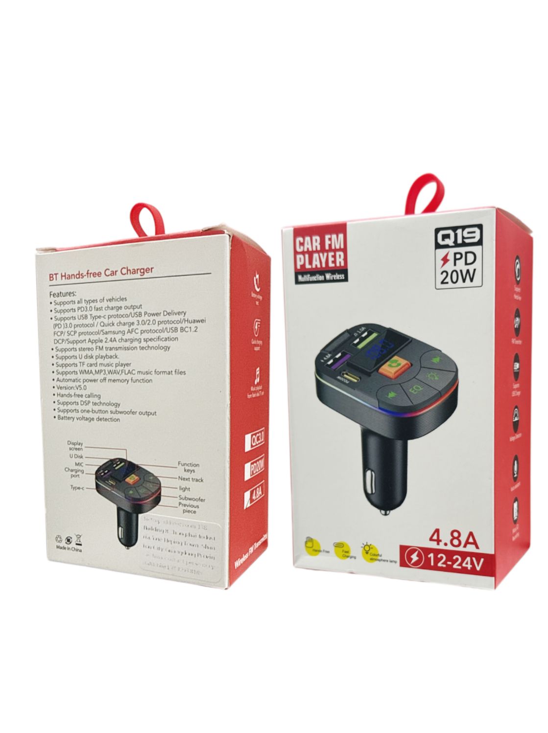 AHL Car FM Player Q19 | 20W PD Fast Charger | 4.8A USB | 12–24V Car Adapter