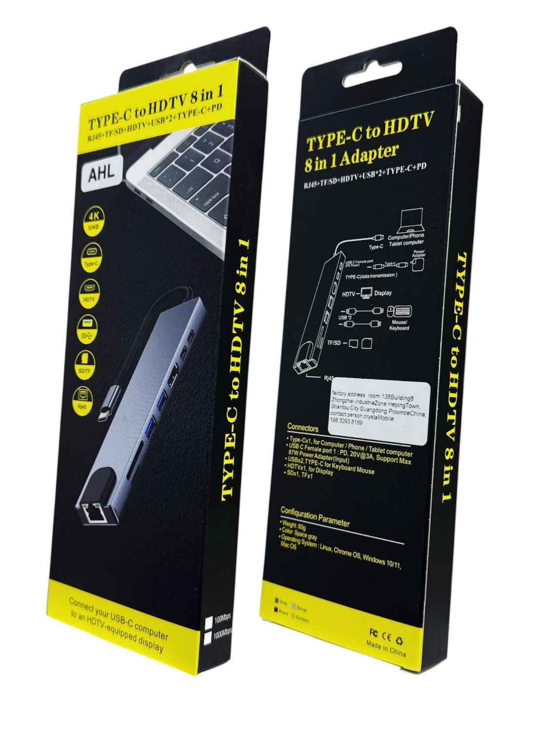 AHL Type-C 8-in-1 Hub | 4K HDMI + 2 USB + RJ45 + SD/TF + USB-C Adapter