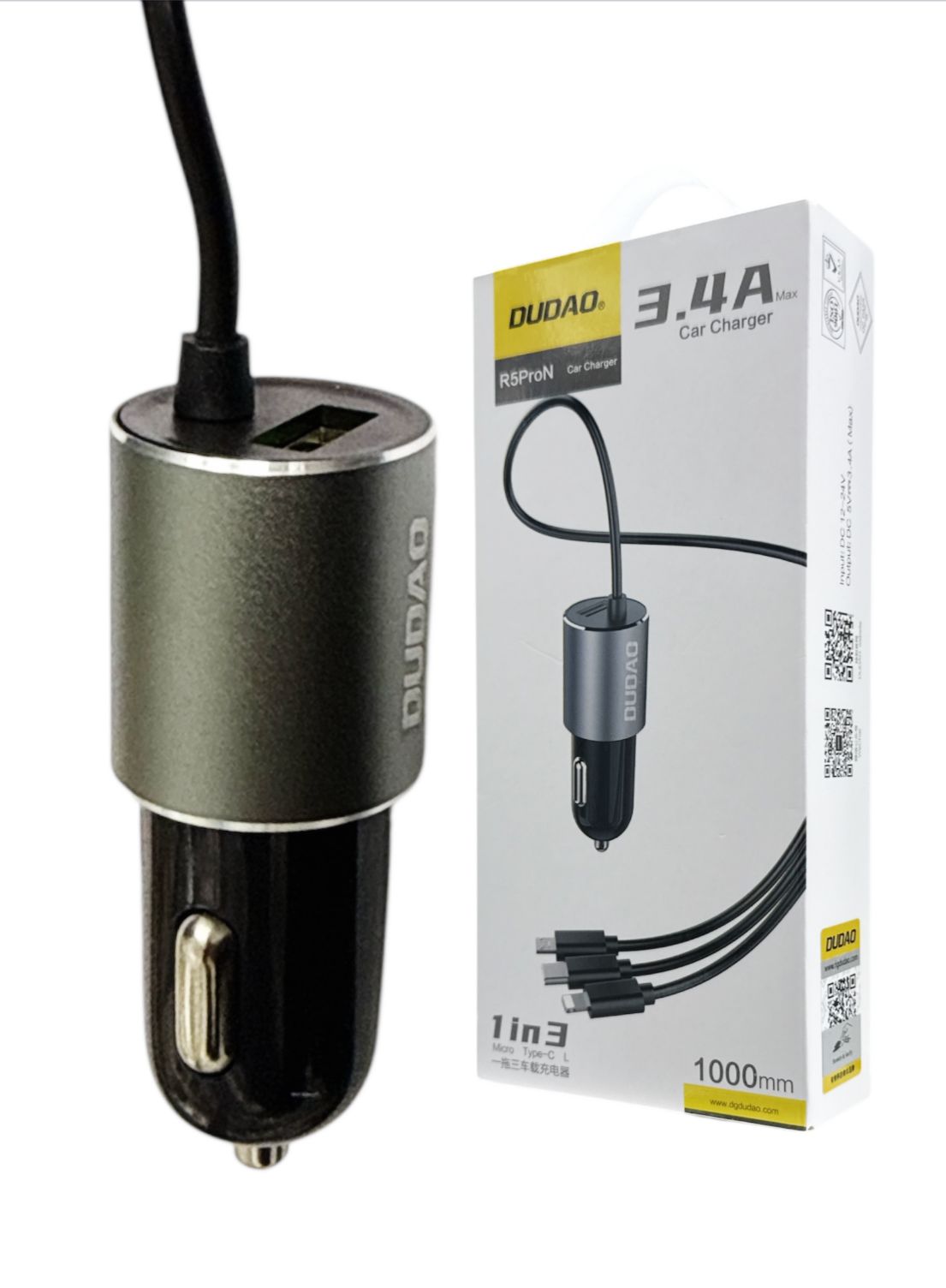 DUDAO R5ProN Car Charger 3.4A | 3-in-1 Cable USB-C Micro Lightning 1m