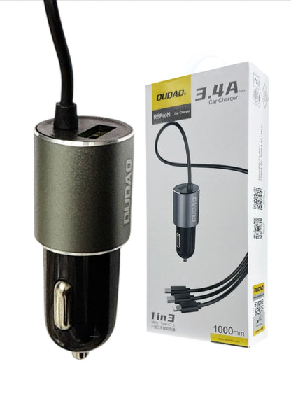 DUDAO R5ProN Car Charger 3.4A | 3-in-1 Cable USB-C Micro Lightning 1m
