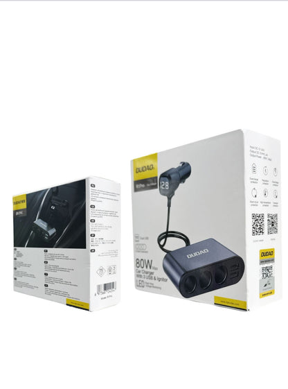 DUDAO R1Pro Car Charger 80W | Dual USB + 3 Cigarette Lighter Ports | 12–24V