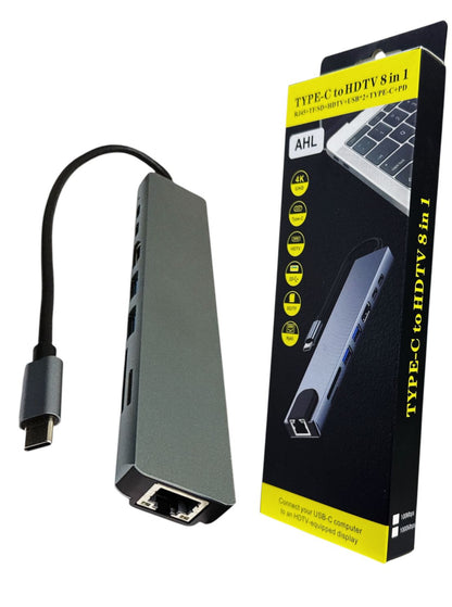 AHL Type-C 8-in-1 Hub | 4K HDMI + 2 USB + RJ45 + SD/TF + USB-C Adapter