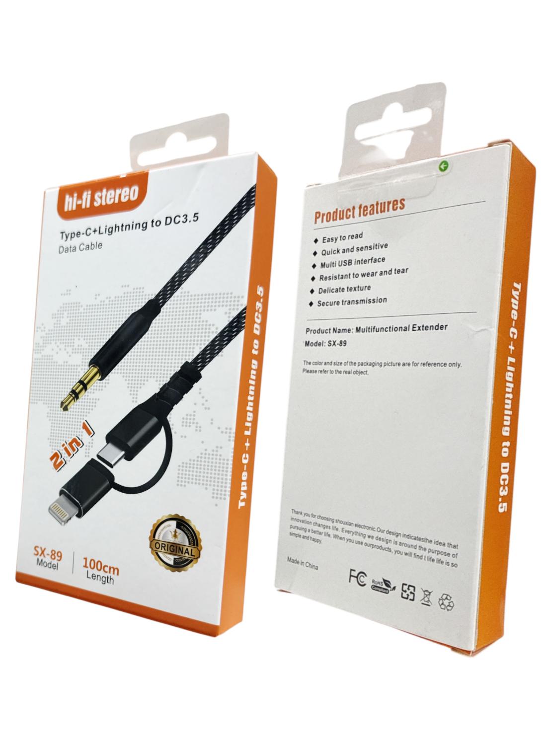 AHL SX-891 Type-C + Lightning to 3.5mm AUX Cable | 100cm Stereo Audio Lead