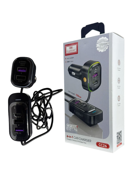 Earldom 66W 6-in-1 Fast Car Charger | Dual USB-A + USB-C | 12–24V
