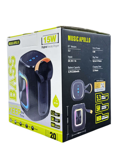 Music Apollo Bass Bluetooth Speaker 15W|RGB Lights|Model S20|Wireless/FM/USB